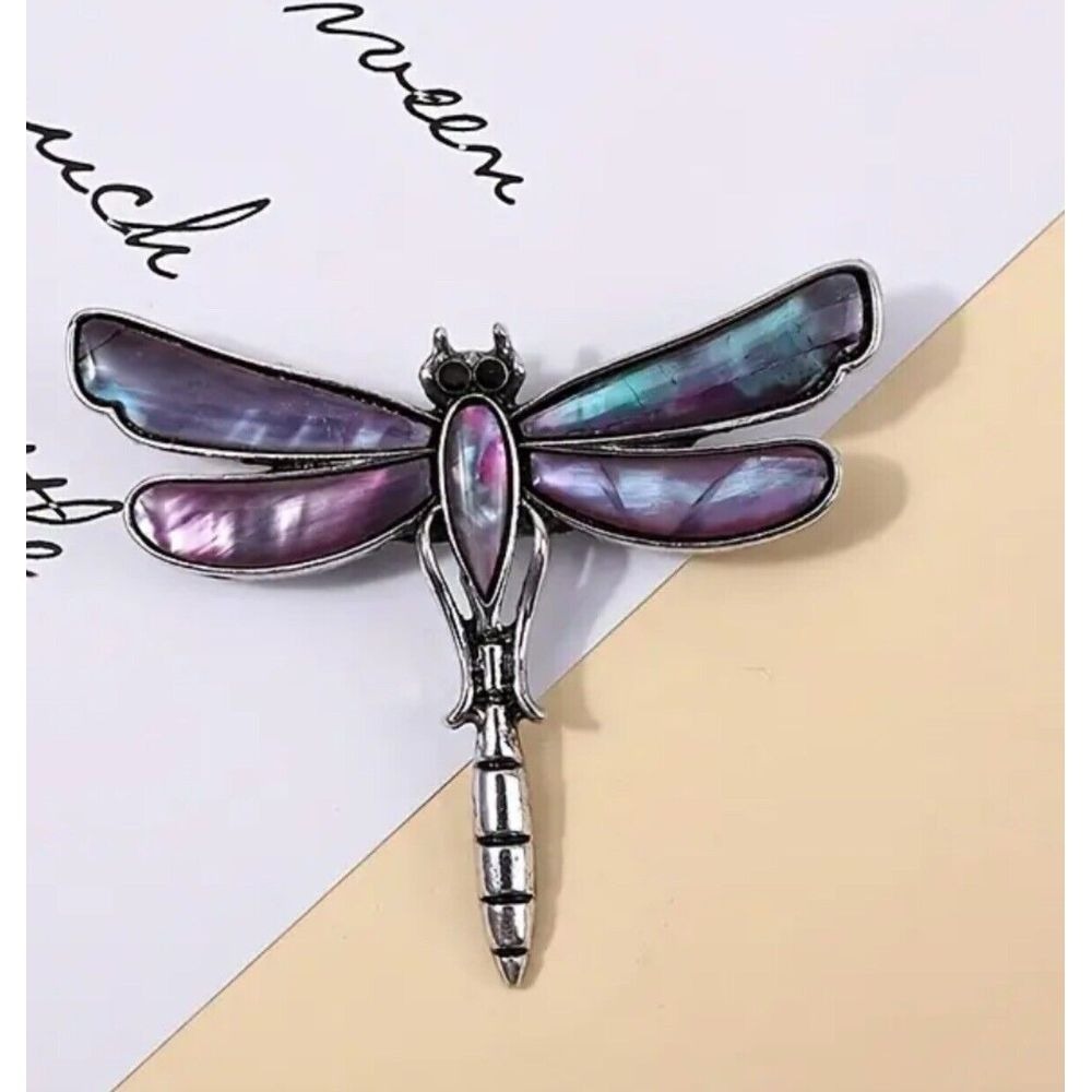 Retro Brooch Pin Crystal Large Big Dragonfly Vintage Purple Silver Iridescent‎